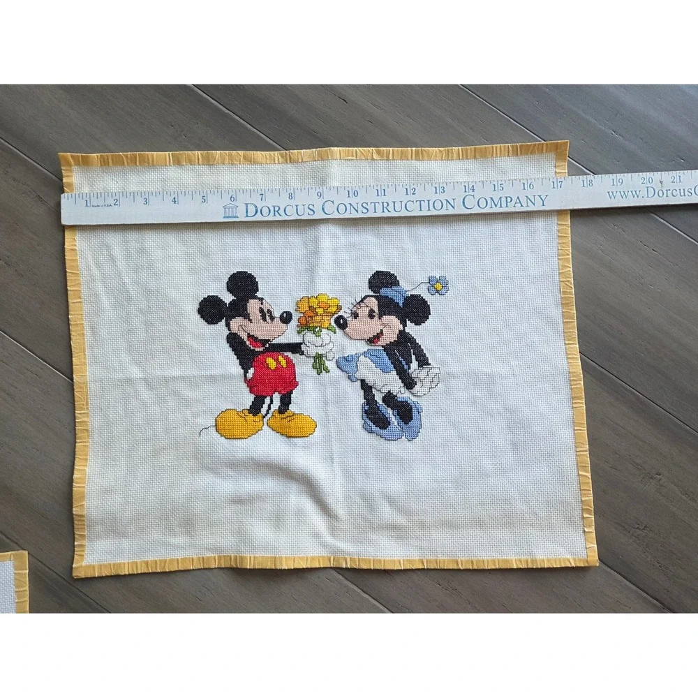 Vintage Disney Mickey Minnie Mouse Cross Stitch Set of 2 Finished, Unframed